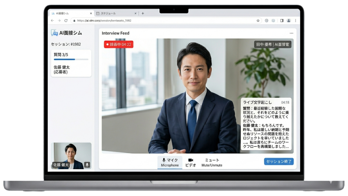 AI面接シミュレーターのリアルタイム音声対話・画面イメージ